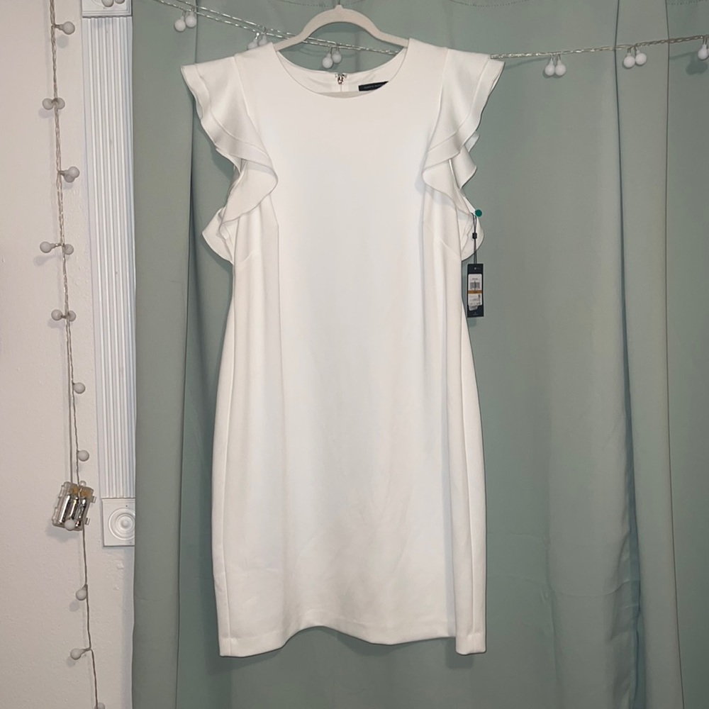 Tommy Hilfiger Scuba Crew Neck Flutter Ruffle Cap Sleeve Sheath Dress